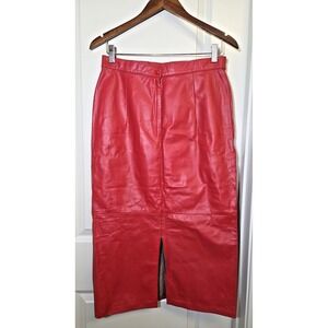 Vtg 1980s Leather Skirt Red Pencil Back Slit Lined Size 11/12 Rockabilly Western